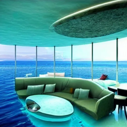 Prompt: underwater submerged apartment that's shaped like a submarine with glass walls to enjoy the view of the sea life