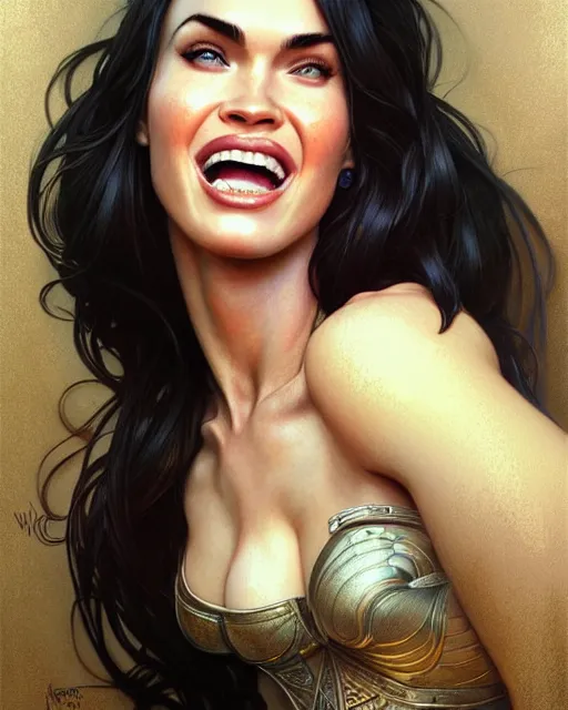 Image similar to portrait of megan fox laughing, intricate, headshot, highly detailed, digital painting, artstation, concept art, sharp focus, cinematic lighting, illustration, art by artgerm and greg rutkowski, alphonse mucha, cgsociety