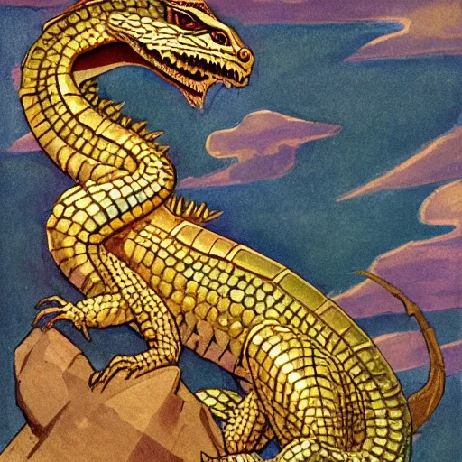 Image similar to beautiful jeweled scaly lizard-headed dragon sitting on top of treasure, by Nicholas Roerich and Warwick Goble, iridescent scales, sinuous dragon body, clawed feet, long spiked tail,dramatic lighting, featured on artstation W 768