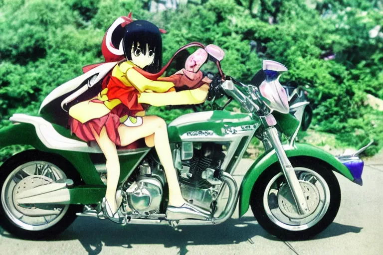 Prompt: kawaii anime frog riding a motorcycle, 1 9 8 2,