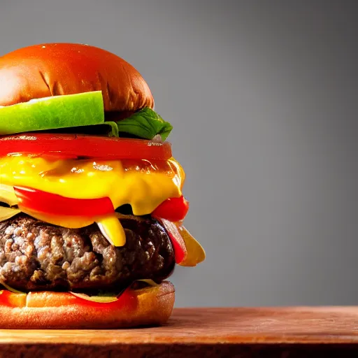 Prompt: close ups photo of a delicious cheeseburger with lots of toppings, studio lighting 5 0 mm photograph