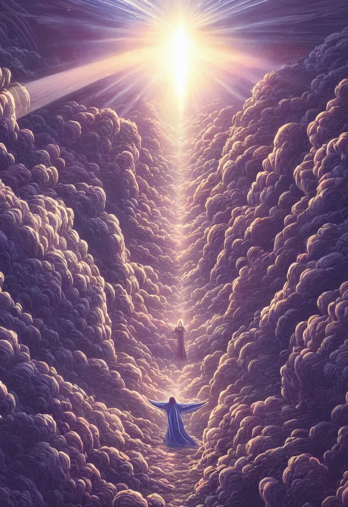 Image similar to the second coming of jesus by dan mumford, yusuke murata, makoto shinkai, ross tran, cosmic, heavenly, god rays, intricate detail, cinematic, 8 k, cel shaded, unreal engine, featured on artstation, pixiv