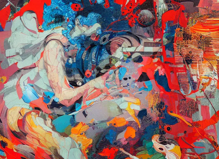 Image similar to highly textured oil painting modern art abstract, moma by james jean and katsuhiro otomo and erik jones, inspired by akira anime, smooth texture, intricate oil painting, high detail illustration, sharp high detail, long exposure