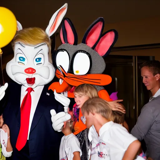 Prompt: high definition photo Donald trump dressed as Bugs Bunny spying on children at a birthday party, high quality, dynamic, good lighting