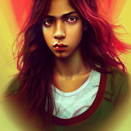 Image similar to colorful and festive captivating teenager with straight brown hair covering his eye, dark skin, big lips, big eyes, wearing a red t - shirt. rich vivid colors, ambient lighting, dynamic lighting, 4 k, atmospheric lighting, painted, intricate, highly detailed by charlie bowater