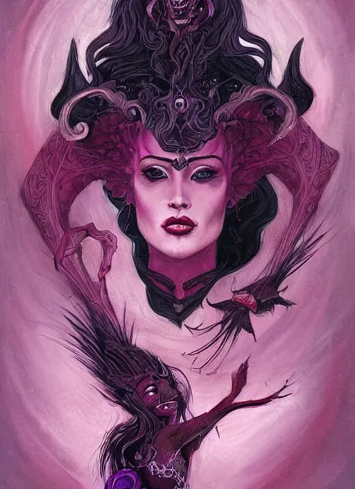 Image similar to portrait of princess of the dreamlands and moon beast, beautiful! coherent! by brom, deep colors, red maroon purple pink black, strong lines, rule of thirds