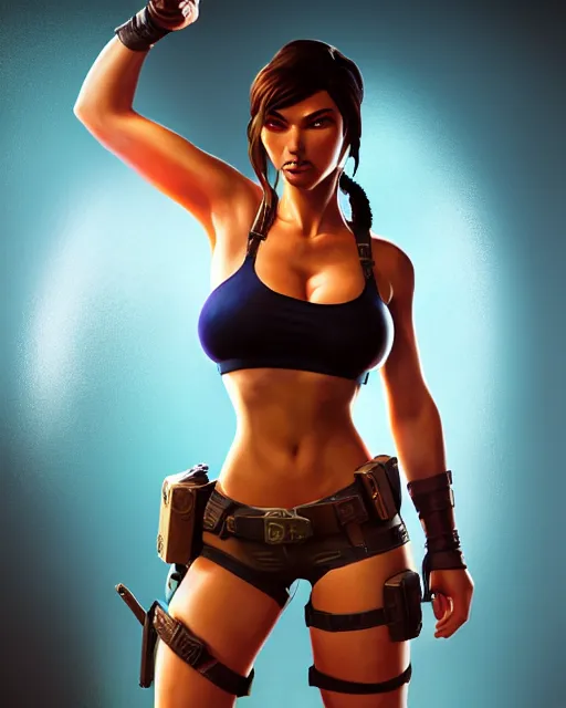 Prompt: an epic comic book style full body portrait painting of sexy lara croft, bubble head, elegant, character design by Mark Ryden and Pixar and Hayao Miyazaki, unreal 5, DAZ, hyperrealistic, octane render, cosplay, RPG portrait, dynamic lighting, intricate detail, summer vibrancy, cinematic