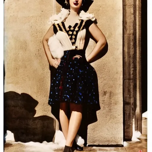 Prompt: a vintage 1 9 4 0 s kodachrome photograph of a avent - gard fashion haute couture collection winter traveling outfit ensemble inspired by the greek muse, erato.