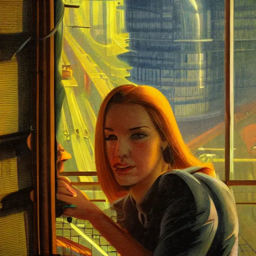 Image similar to detailed face of a woman, clockwork, moment, tectonic sky, skydome, bullet train, turbines, utopian, tech noir, wet reflections, prism, atmospheric, ambient, pj crook, syd mead, livia prima, greg rutkowski, edward hopper