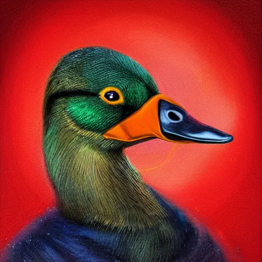 Image similar to portrait of cute mallard duck, wearing cultist red robe, noose around neck, doing witchcraft, expressive oil painting, digital art, octane render