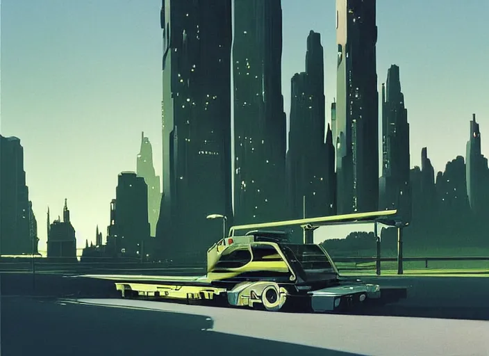 Prompt: a sport sedan truck in a future city. style by peter elson and eyvind earle.