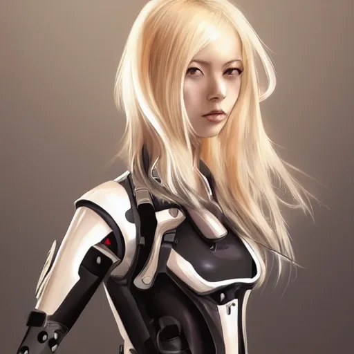 Prompt: a beautiful woman wearing a futuristic exoskeleton, blonde, long hair, pixiv, hyperrealistic