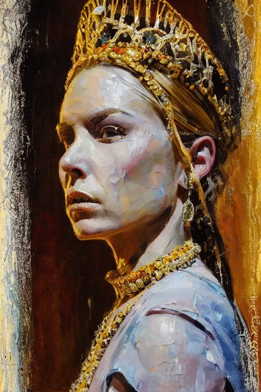 Image similar to highly detailed palette knife oil painting of a historically accurate depiction of the ancient biblical israeli queen Esther, thoughtful, by Peter Lindbergh, impressionistic brush strokes, painterly brushwork