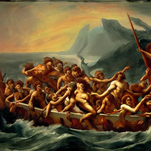 Prompt: Raft of the Medusa , inspired by Gericault