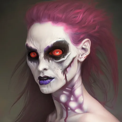 Image similar to female undead necromancer portrait painting, medium shot, asymmetrical, profile picture, organic painting, sunny day, matte painting, bold shapes, hard edges, street art, trending on artstation, by huang guangjian, m and gil elvgren and sachin teng