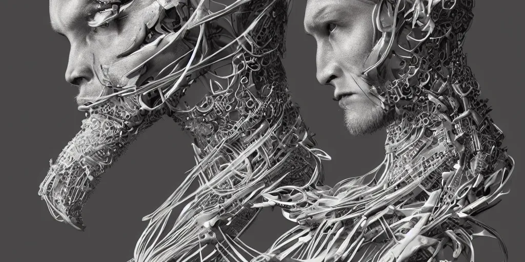 Image similar to hyper realistic photography of a stunningly beautiful cyborg male, neck, plated arm, intimate, holding close, ribbons, in the style of beth cavener, jin kagetsu,, and wlop, highly detailed, intricate filigree, symmetry, masterpiece, award winning, sharp focus, concept art, highkey lighting, ambient lighting, octane render, 8 k, artstation
