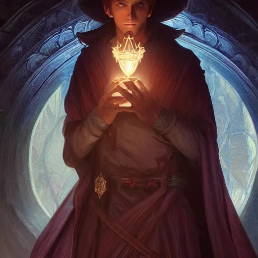 Image similar to a handsome young wizard confused about his decision between dark and light magic, volumetric lighting, D&D, fantasy, intricate, cinematic lighting, highly detailed, digital painting, artstation, concept art, smooth, sharp focus, illustration, art by Artgerm and Greg Rutkowski and Alphonse Mucha