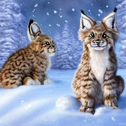 Prompt: cute fluffy hybrid animal cross between a baby lynx and lop eared bunny rabbit sitting in a snowy landscape detailed painting 4 k