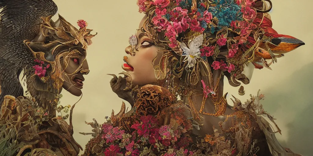 Prompt: breathtaking detailed concept art painting blend of queen sirikrit by hsiao - ron cheng with anxious piercing eyes, vintage illustration pattern with bizarre compositions blend of flowers and fruits and birds by beto val and john james audubon, exquisite detail, extremely moody lighting, 8 k