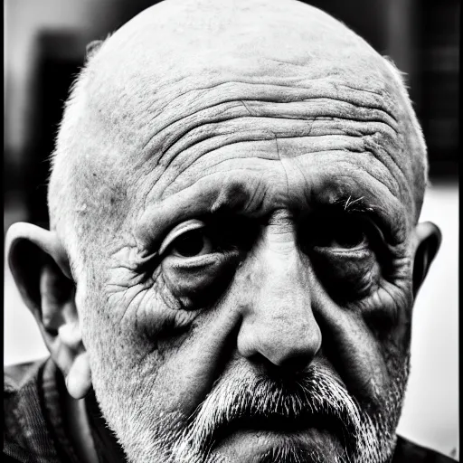 Prompt: Mike Ehrmantraut black and white portrait, XF IQ4, f/1.4, ISO 200, 1/160s, 8K, RAW, unedited, symmetrical balance, in-frame