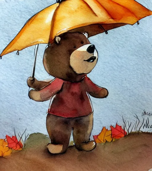 Prompt: autumn a bear with an umbrella cartoon watercolor by arti chauhan trending on artstation