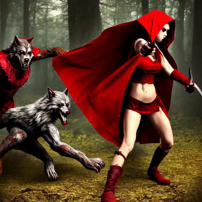 Image similar to a beautiful red riding hood warrior fighting a werewolf. 8k