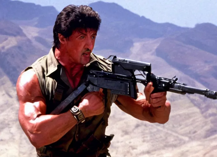 Image similar to sylvester stallone in a still from the movie Commando (1985)