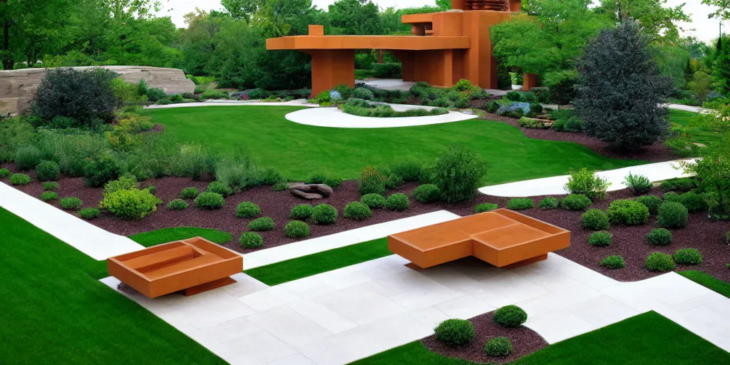 Prompt: overhead plans contemporary rectanguar landscape garden, in the style of frank lloyd wright inspiration.