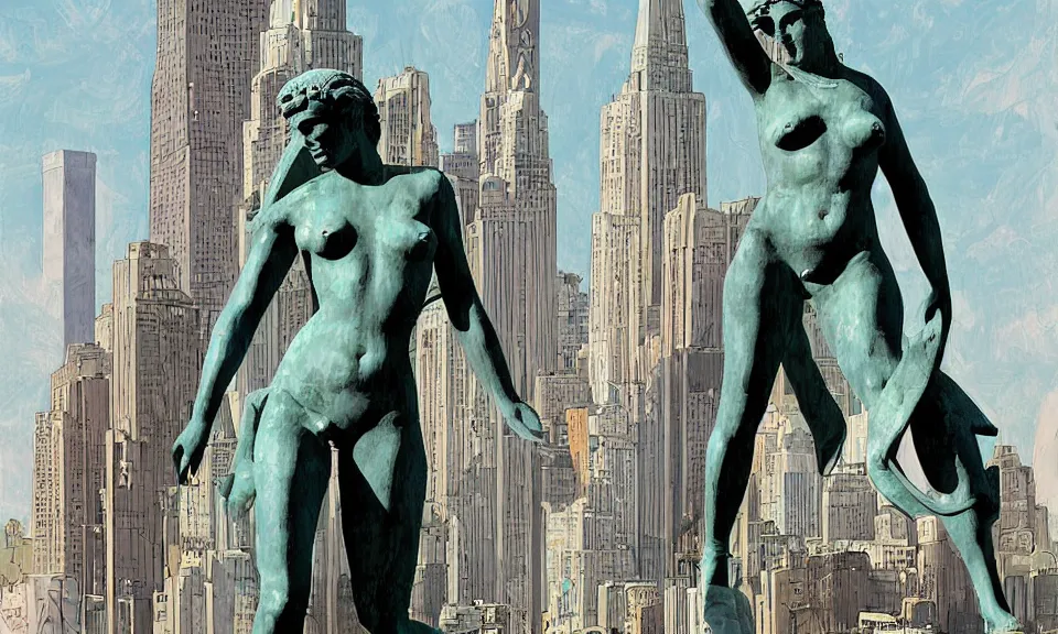 Prompt: digital painting of of a massive greek sculpture a beautiful massive female statue surrounded hovering over the new york skyline, by syd mead and jack kirby, color scheme, ashley wood, concept art