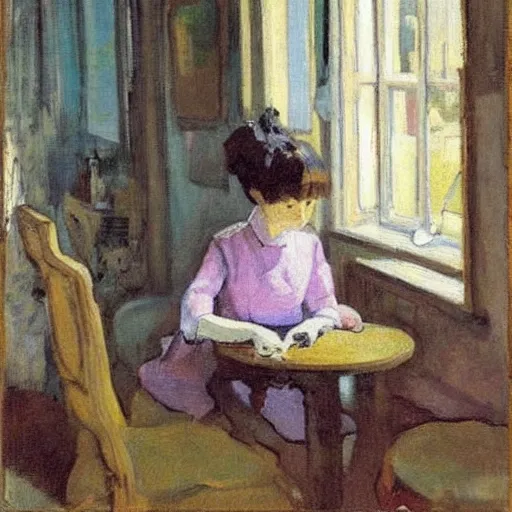 Prompt: a girl with phones sits at a table in a sunny room, the window is open, by valentin serov