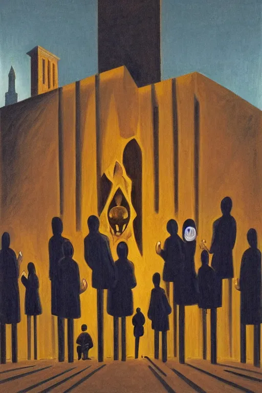 Image similar to fine illustration of five hooded disciples in masks praying to a fascist monument in a brutalist courtyard, lit from below, twilight, lowbrow surrealism, PJ Crook, Edward Hopper oil on canvas