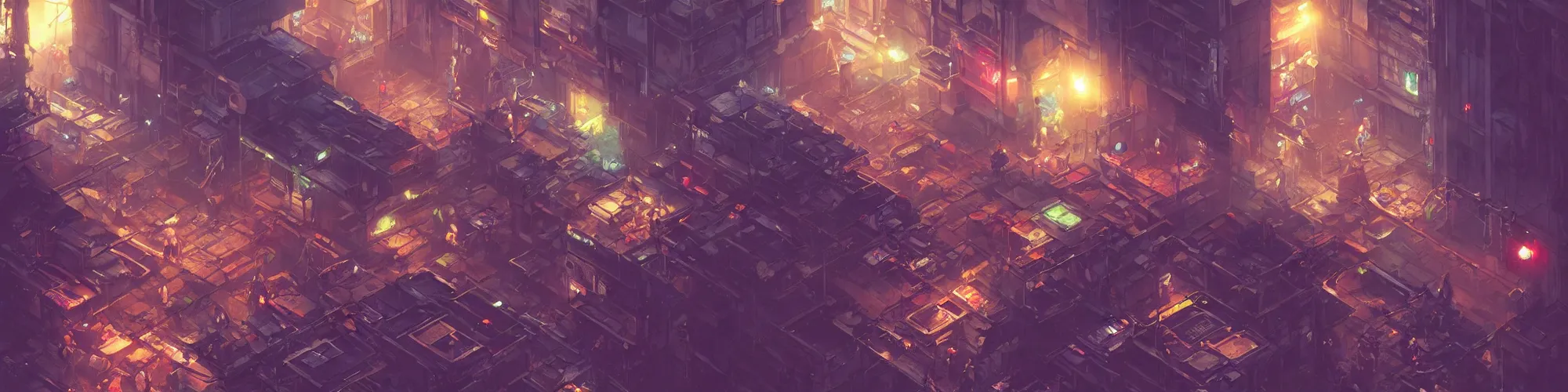 Image similar to an isometric cyberpunk slum, bright lights, by greg rutkowski and games gurney, trending on artstation