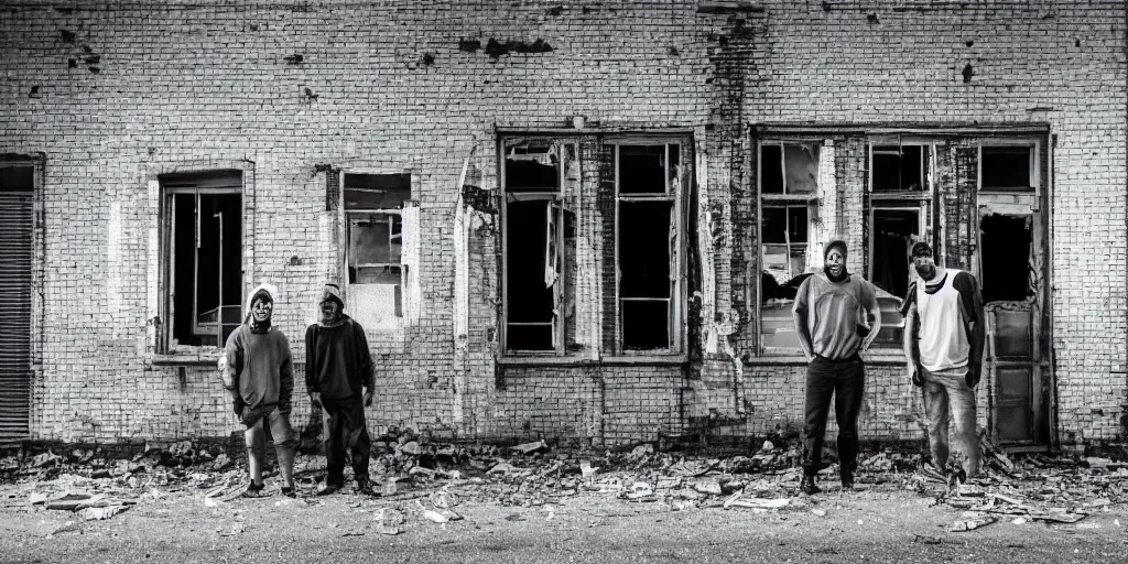 Prompt: 2 guys standing outside of an abandoned broken down derelict jelly factory building with broken windows at night