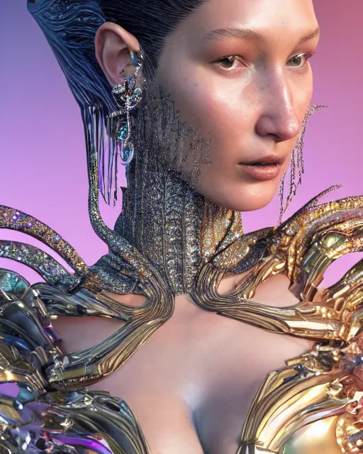 Image similar to a highly detailed metahuman 4 k close up render of an alien goddess bella hadid as alien in iris van herpen dress schiaparelli in diamonds crystals swarovski and jewelry iridescent in style of alphonse mucha gustav klimt trending on artstation made in unreal engine 4