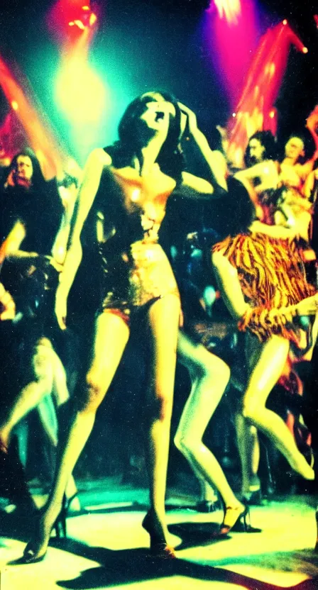 Prompt: the Antichrist dancing at Studio 54, disco, saturated color, high contrast, strobe lights, sparkles, depth of field, 1976, bad vhs