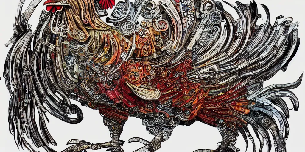 Prompt: colorful illusrtation of a fighting rooster made of car engine parts, schematic, dieselpunk, masterpiece, illustration, hand drawn, intricate, highly detailed