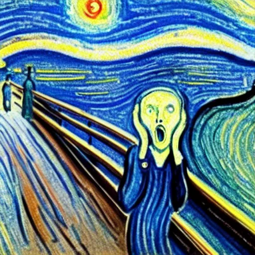 Prompt: painting of edvard munch's the scream with van gogh's the starry night in the background, detailed, 4 k