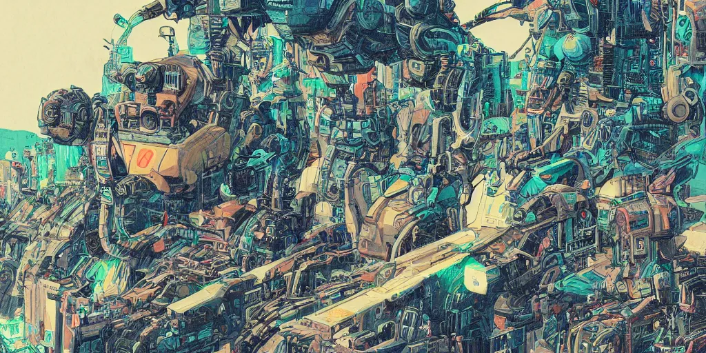 Prompt: a close - up grainy, risograph painting, hyper light drigter, a big mech droid head floating above the people, eden's world, style by moebius and kim jung gi