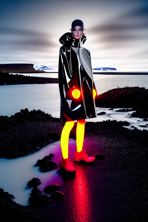 Image similar to an ultra high definition professional high fashion portrait studio full length photograph of a model wearing a transparent pearlescent raincoat and neon visor in an icelandic black rock environment at dawn. no artefacts. extremely detailed. stark. refraction. shallow depth of field. volumetric light and shadow. ray tracing. light rays.