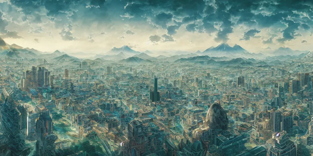 Image similar to a matte painting japanese print of a cityscape in the distance made of stunning double sided koroit patterned boulder opal and jade, vray tracing, 8k resolution, ultra-high definition, UHD, paint swirls and phyllotaxis, quantum wavetracing by Peter Mohrbacher and Wayne Barlowe, by michal karcz and greg rutkowski, metal, marble, and wood materials