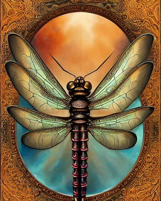 Image similar to a mechanically enhanced steampunk dragonfly from ancient persia. noble bearing. award winning ornate symmetry matte portrait, artgerm, rhads watercolor, serenity