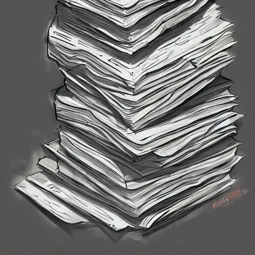 Image similar to stack of paperwork, overflowing papers, paper everywhere, concept art, colored sketch, artstation award, detailed