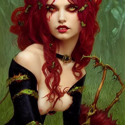 Image similar to a beautiful and detailed matte painting of a seductive vampire cat girl dressed as poison ivy, fantasy, d & d, dark eyeliner, intricate, elegant, highly detailed, digital painting, artstation, concept art, matte, sharp focus, illustration, art by greg rutkowski and alphonse mucha