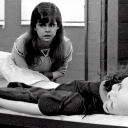 Prompt: young linda blair in the exorcist restrained in a hospital bed