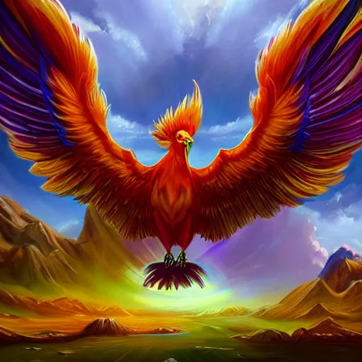 legendary phoenix bird with rainbow feathers alighting | Stable ...