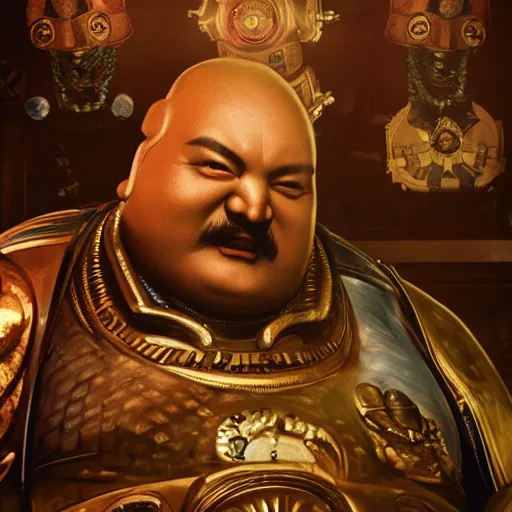 Image similar to Portrait of Budai as the emperor of humanity from warhammer 40k in Gears of War, splash art, movie still, cinematic lighting, dramatic, octane render, long lens, shallow depth of field, bokeh, anamorphic lens flare, 8k, hyper detailed, 35mm film grain