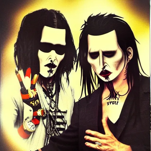 Image similar to A photorealistic polaroid image of Johnny Depp and Marilyn Manson performing together in a band. Trending on Artstation, featured on Behance, well-rendered, intricate, highly detailed, very crispy, Unreal Engine, 4K HD