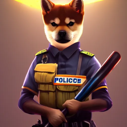 Image similar to shiba inu wearing a police uniform, holding a baseball bat, character design, highly detailed digital art, atmosphere, glow, lens flare, cinematic lightning, hyperrealistic, focused, extreme details, 4 k, ultra detailed, trending on artstation, masterpiece, digital art.