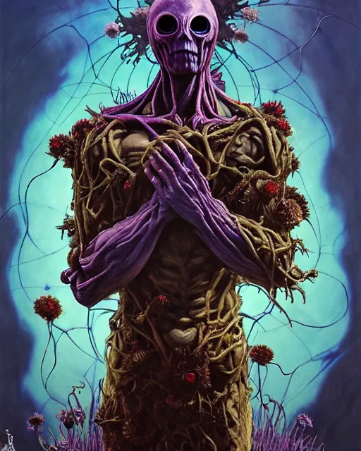 Image similar to the platonic ideal of flowers, rotting, insects and praying of cletus kasady carnage thanos davinci dementor wild hunt chtulu mandala spirited away doctor manhattan bioshock, fantasy, ego death, decay, dmt, psilocybin, concept art by randy vargas and greg rutkowski and zdzisław beksinski