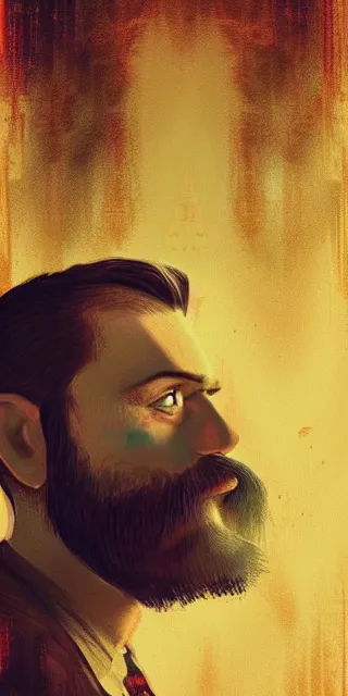 Image similar to very detailed dramatic poster of a short bearded hypnotist, with the theme of the nature of reality and the metaverse, very artistic, artstation